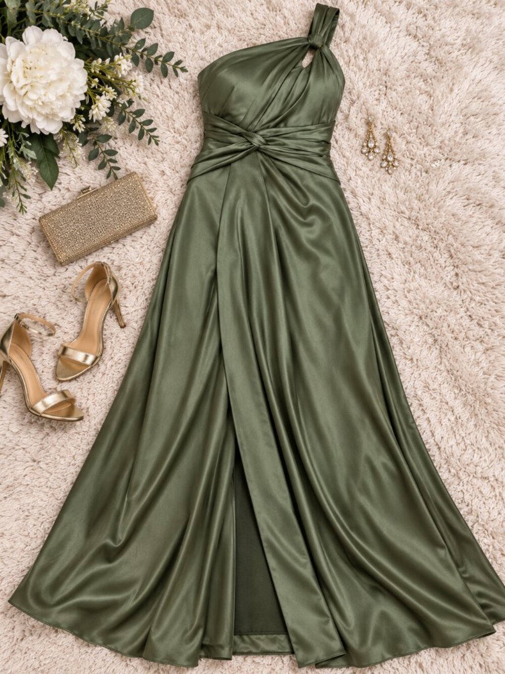 XSCAPE Leona Olive Satin One Shoulder Maxi Gown Size 12 NWT Formal Dress - Picture 4 of 7